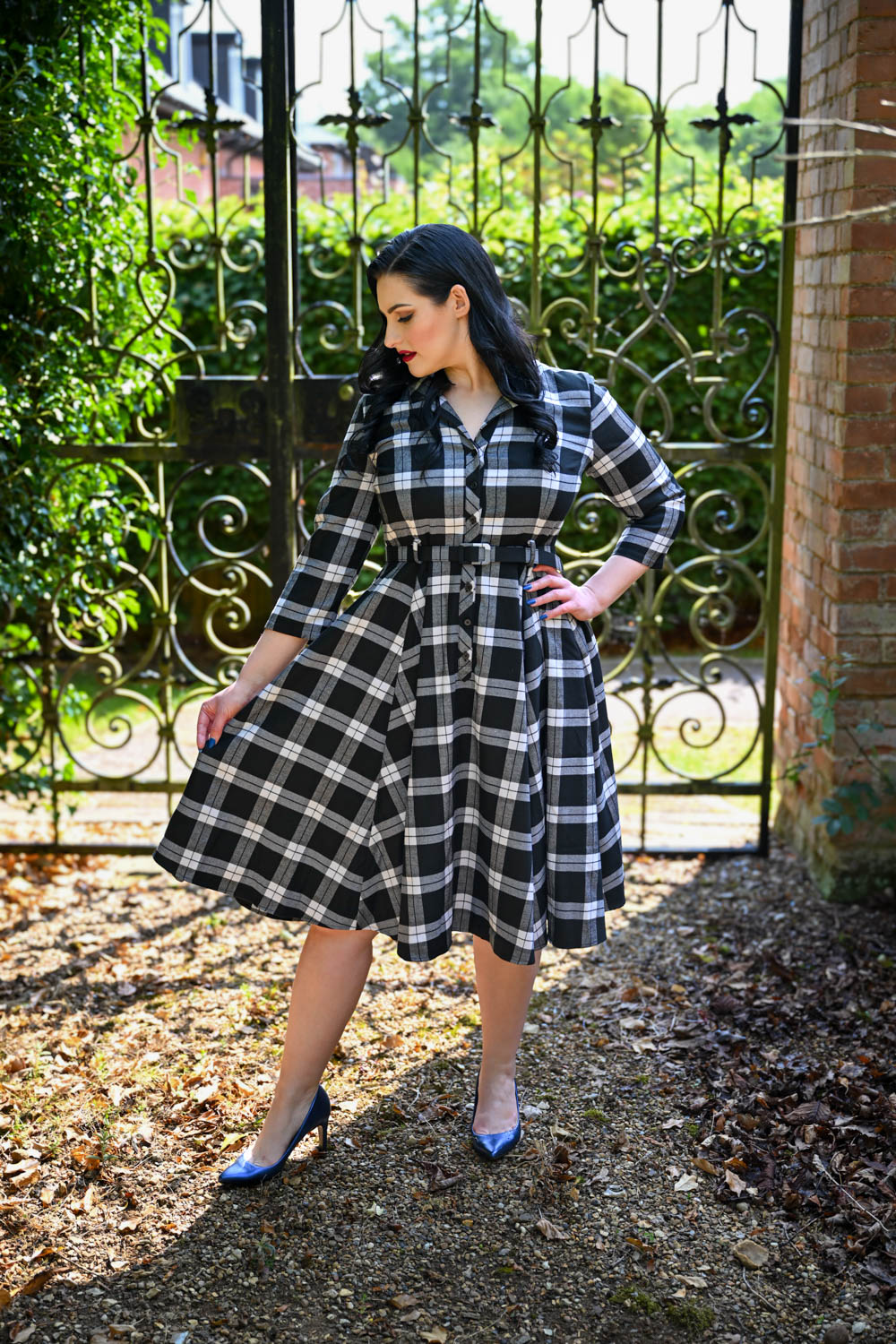 Swinton Tartan Women's Lapel Shirt Dress With Long Sleeve